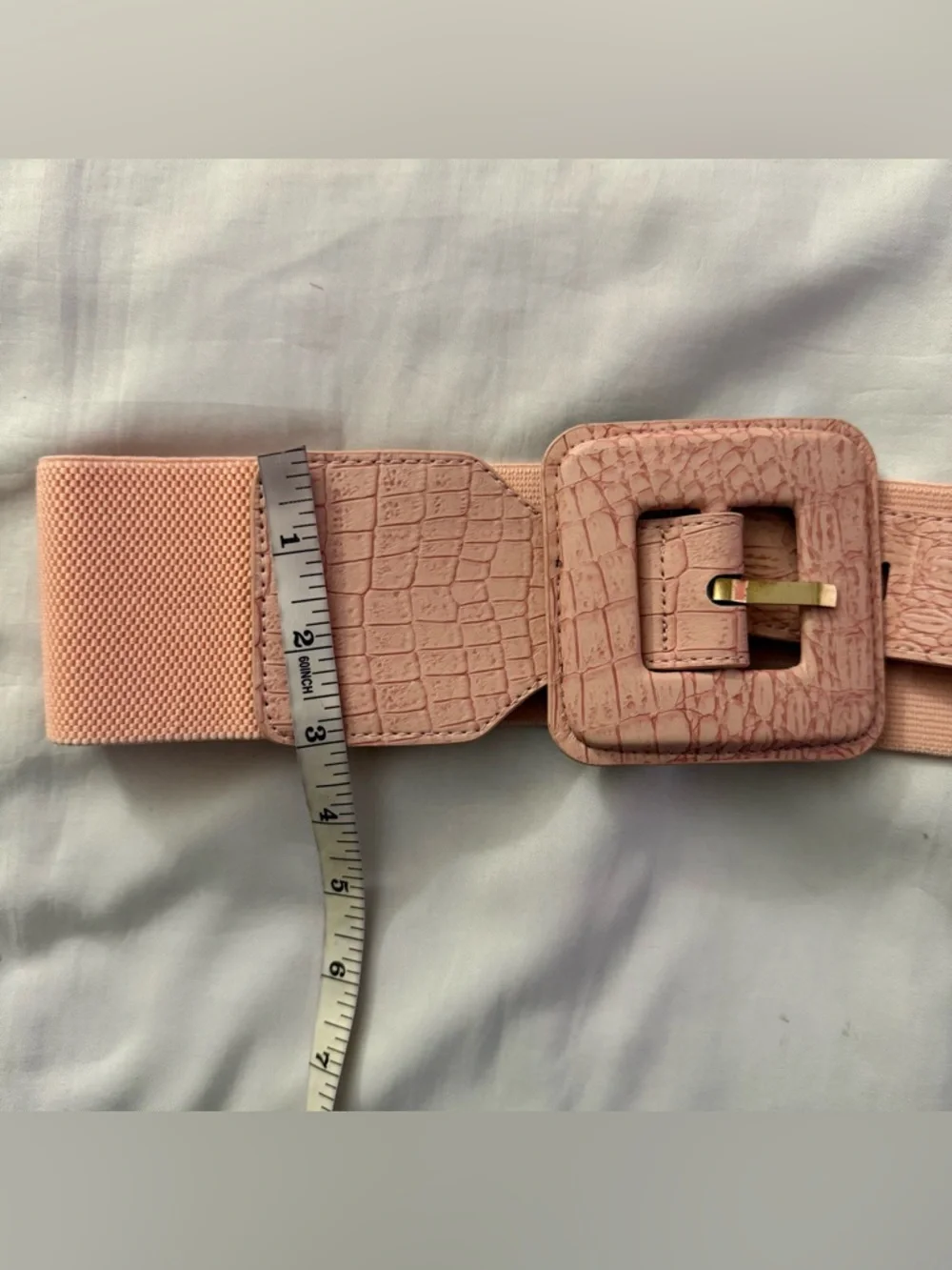Light pink croc embossed PU leather elastic waistband belt